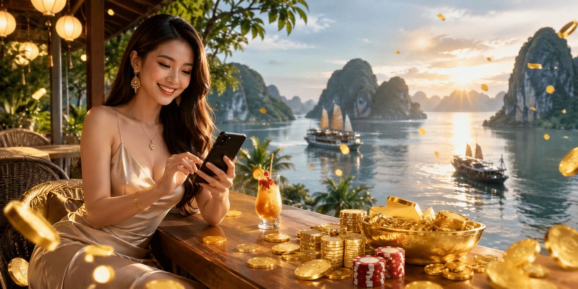 Người dùng Việt Nam thưởng thức cà phê và chơi casino mobile tại vịnh Hạ Long