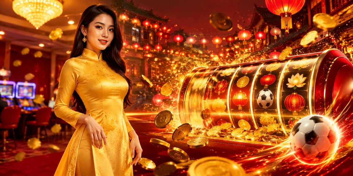 Người chơi mặc áo dài tham gia slot game tại Hội An với nền phố cổ